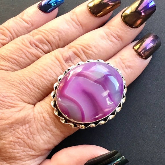 Artisan Ethnic Tribal Jewelry - Large Botswana Agate Ring Plum Purple & Pi…